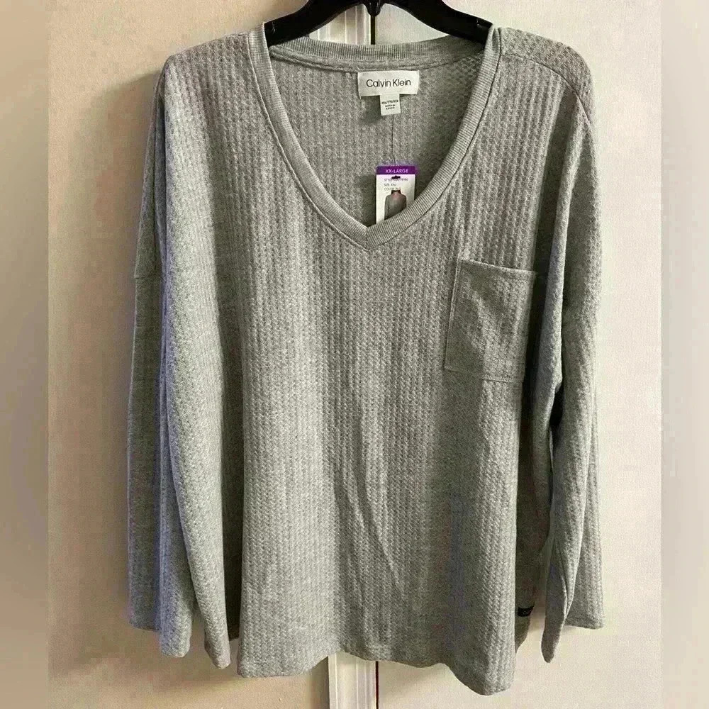 Calvin Klein‎ v neck top waffle knit lightweight heather grey XXL NWT
